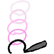 4 circles stacked on each other, the top is a very light pink progressing to a medium pink and underneath it is a black semicircle with a dark grey pen on it